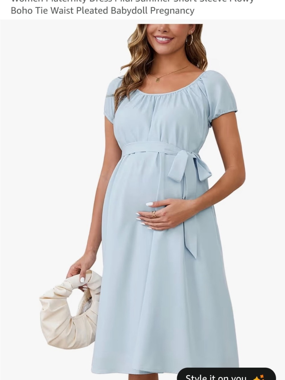 659-Maternity Waist-Belted Midi Dress in Light Gray-Pregnancy